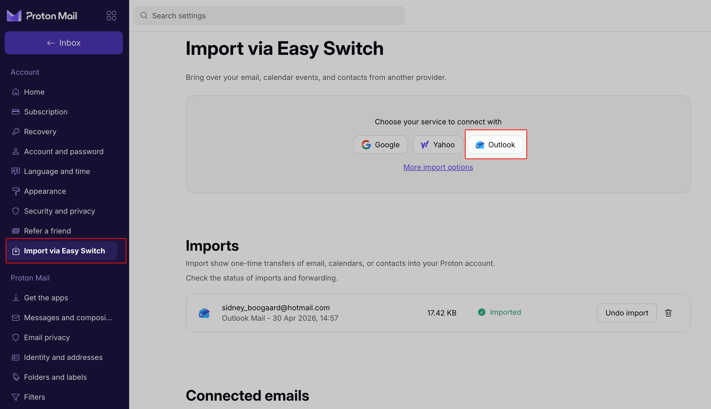 Proton Easy Switch settings screen showing Gmail, Outlook, Yahoo and IMAP source options