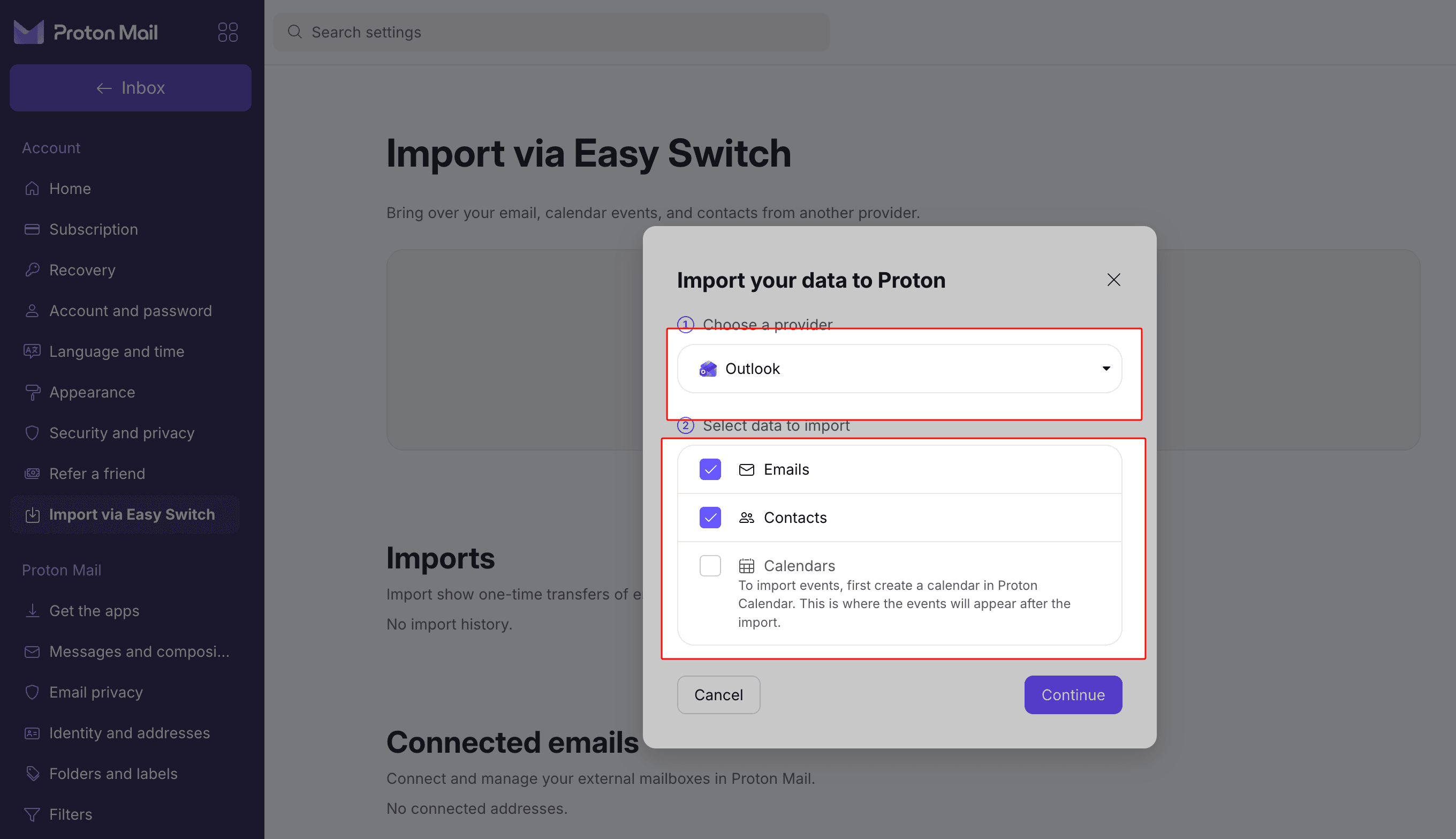 Proton Easy Switch source picker with Outlook, Yahoo, and IMAP options