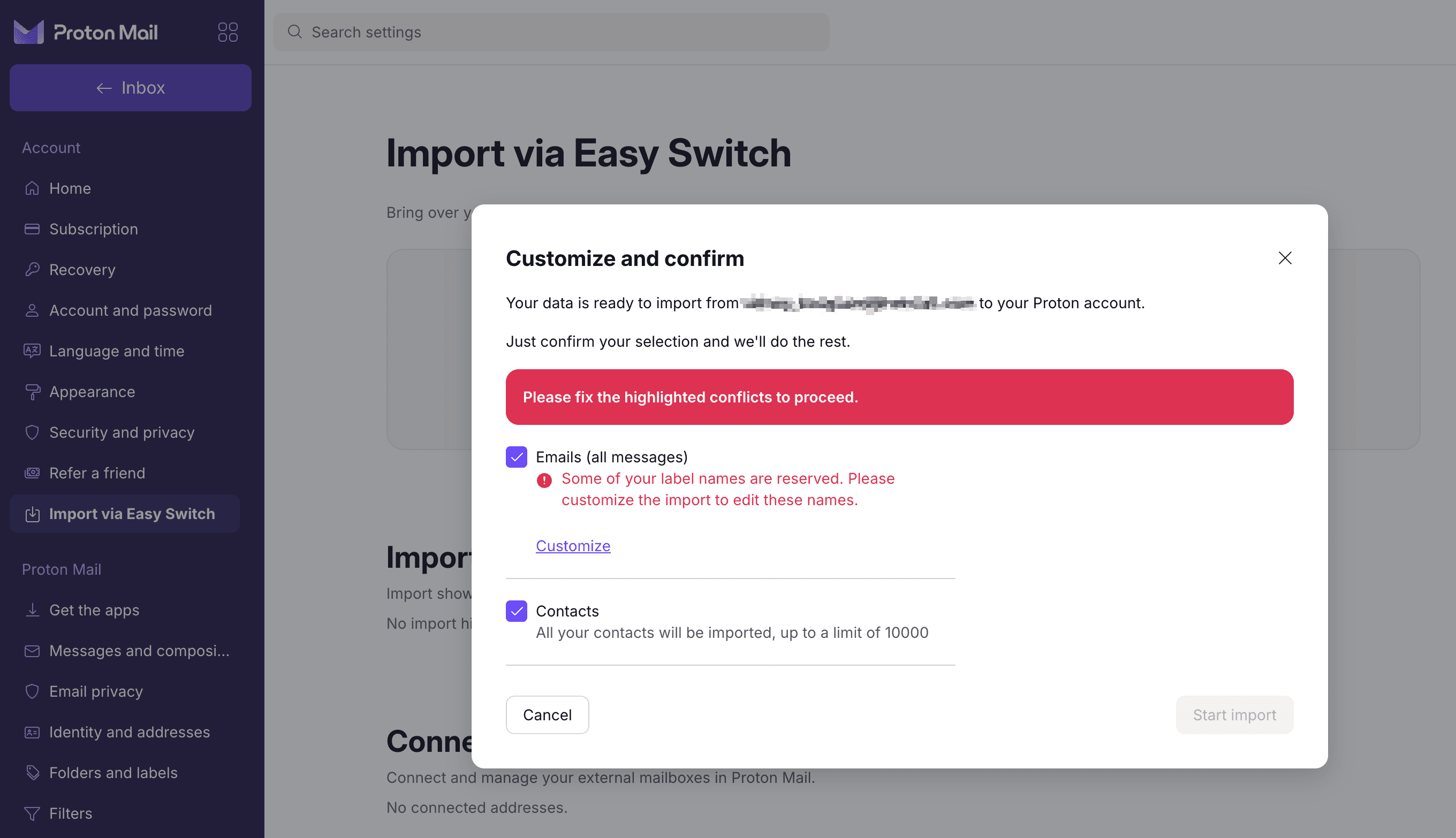Proton Easy Switch customize screen with checkboxes for emails, contacts, and calendar