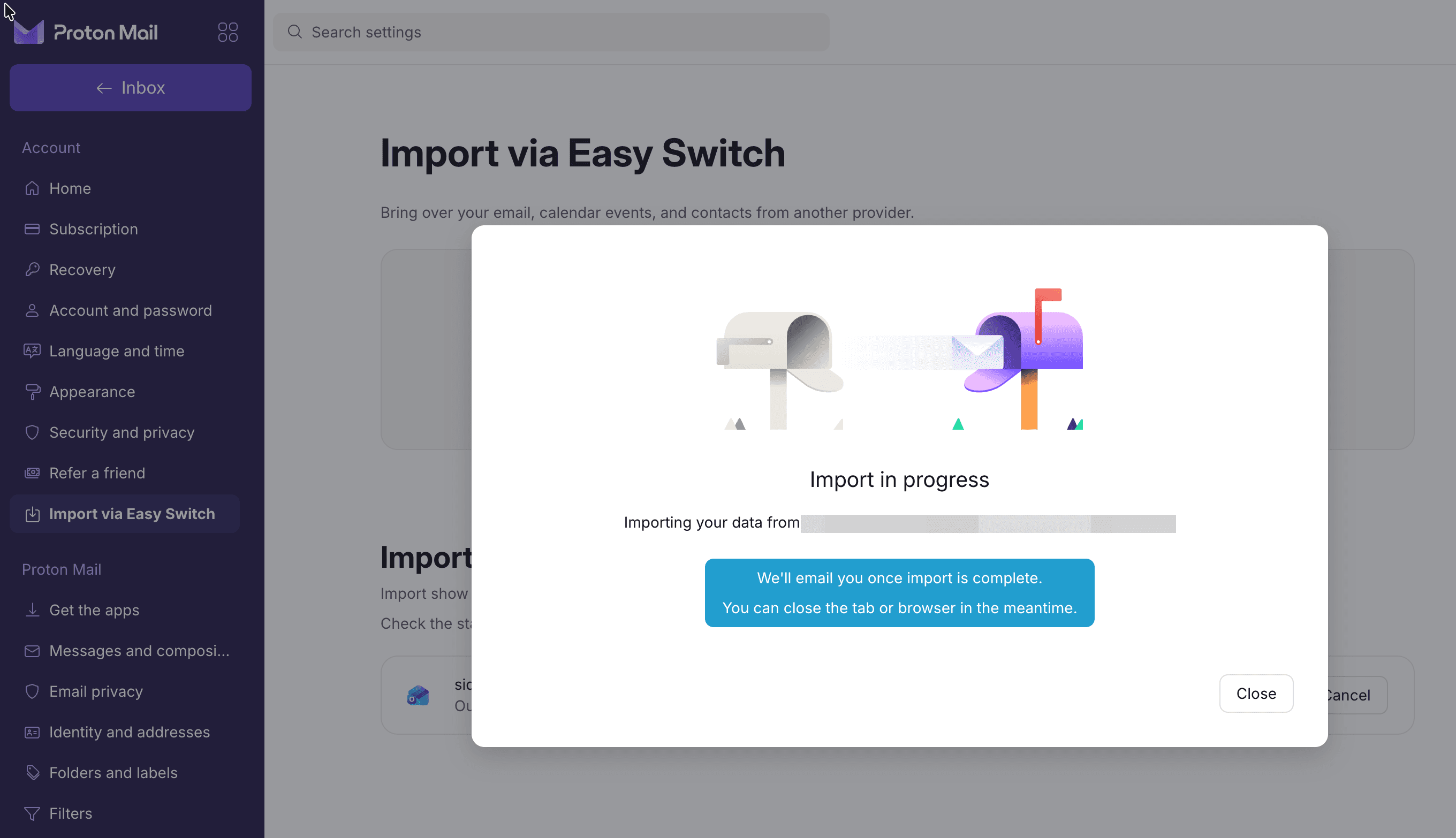 Proton Easy Switch progress view with live counters during an Outlook import