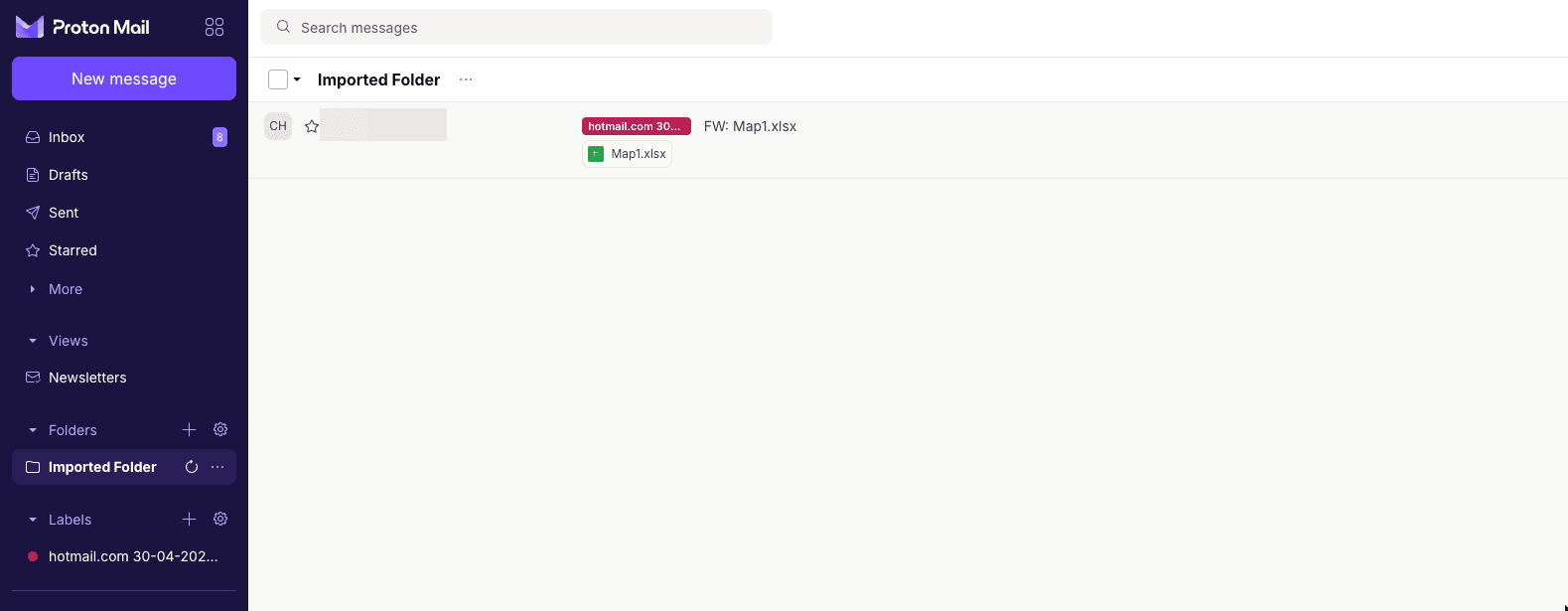 Proton Mail inbox after import showing the imported Outlook folders and labels in the sidebar