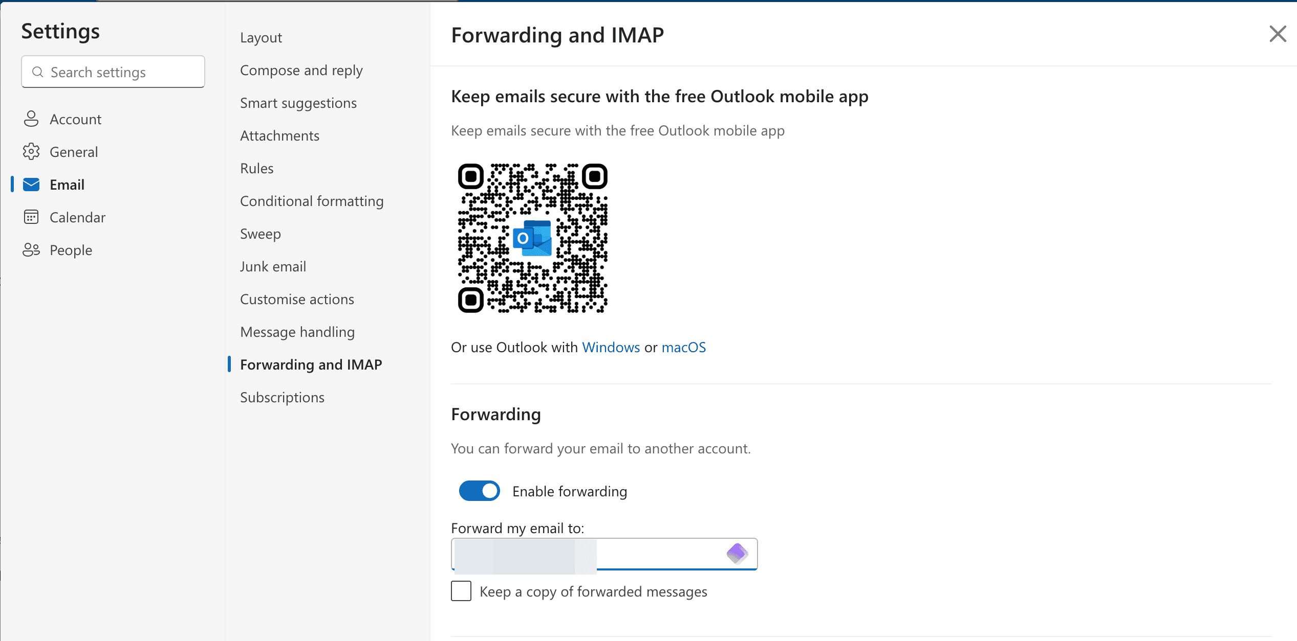 Outlook.com forwarding settings with Proton Mail address entered