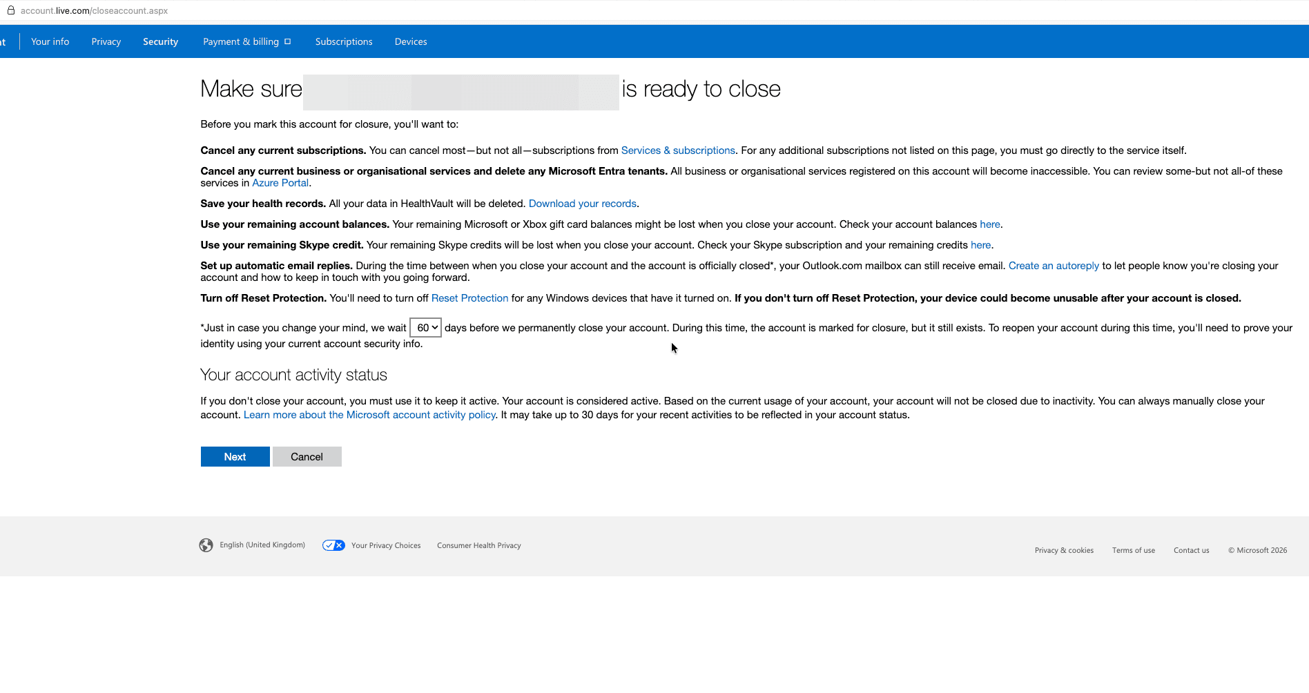 Microsoft account closure screen with the confirmation checklist
