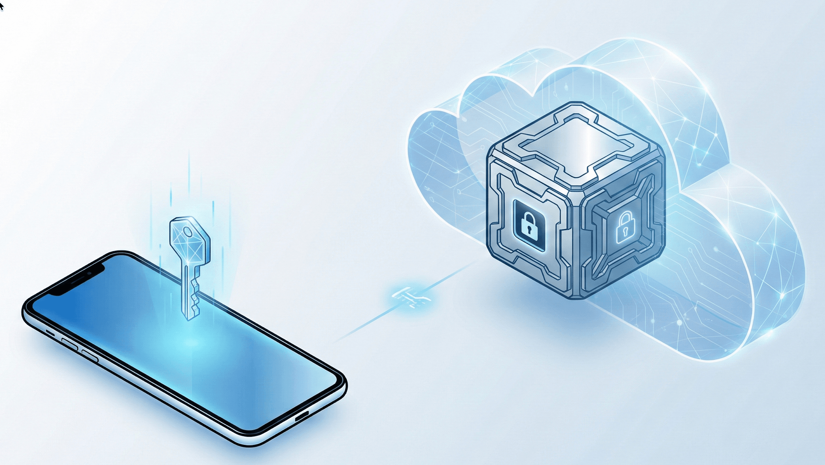 Zero-knowledge encryption illustrated: a cryptographic key stays on the local device while only the locked, encrypted vault is stored in the cloud