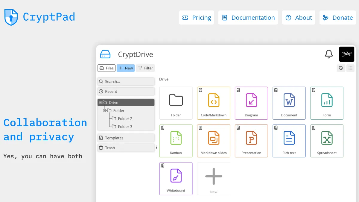 CryptPad homepage showing end-to-end encrypted office suite